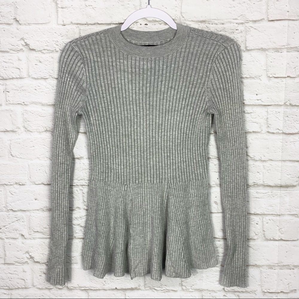 Venus Gray Peplum Ribbed Knit Long Sleeve Sweater
